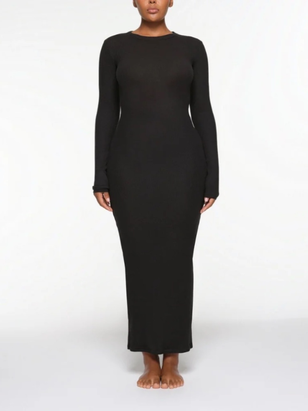 SKIMS Waffle Crew Neck Long Sleeve Maxi Dress in Charcoal